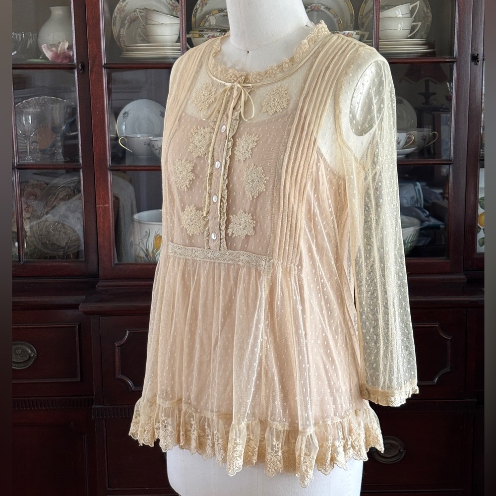 April Cornell Swiss Dot Net Blouse with Lace Appliqué and Lace Ruffles - Picture 15 of 16